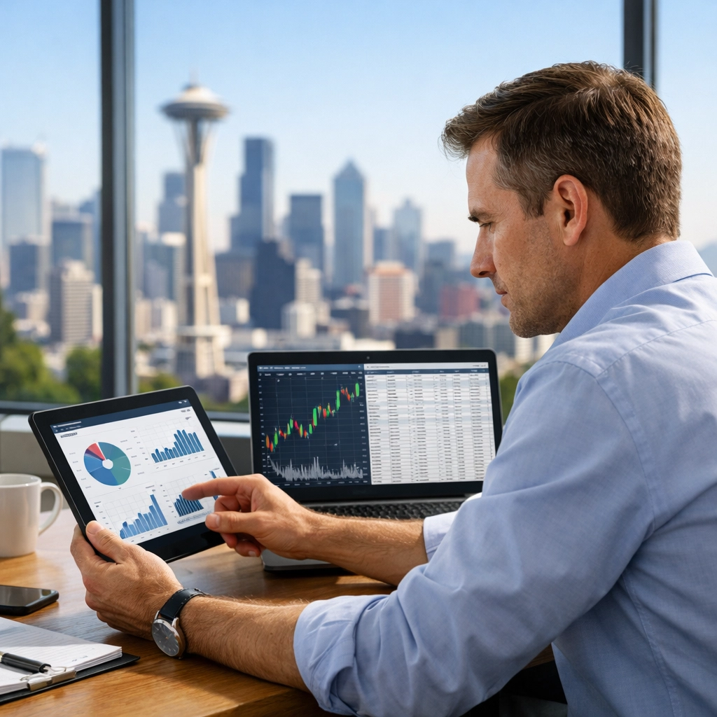 Professional consultant in a Seattle office analyzing data, highlighting professional liability risks for WA firms.