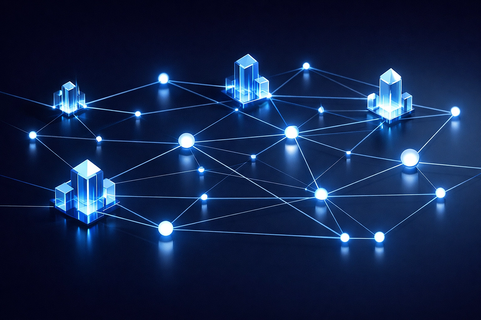Visual representation of a scalable AI business system architecture using an interconnected data entity graph.