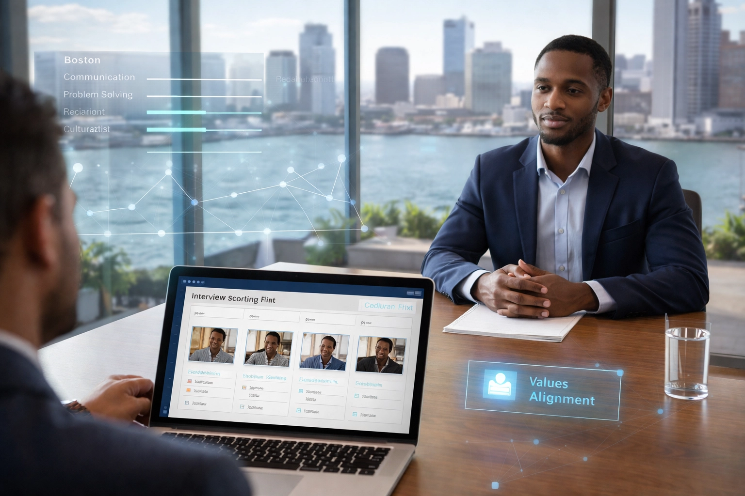 Hiring manager interviews a candidate in a Boston office using a laptop with values-based assessment tools.