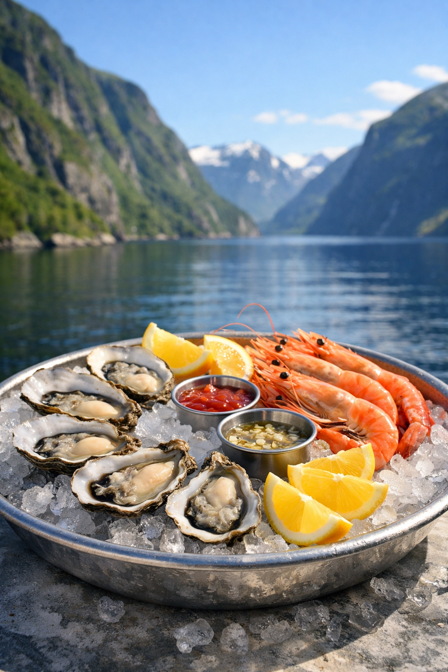 Fresh seafood platter with oysters and prawns served against a scenic Norwegian Fjord backdrop. (Photo: Seabourn)