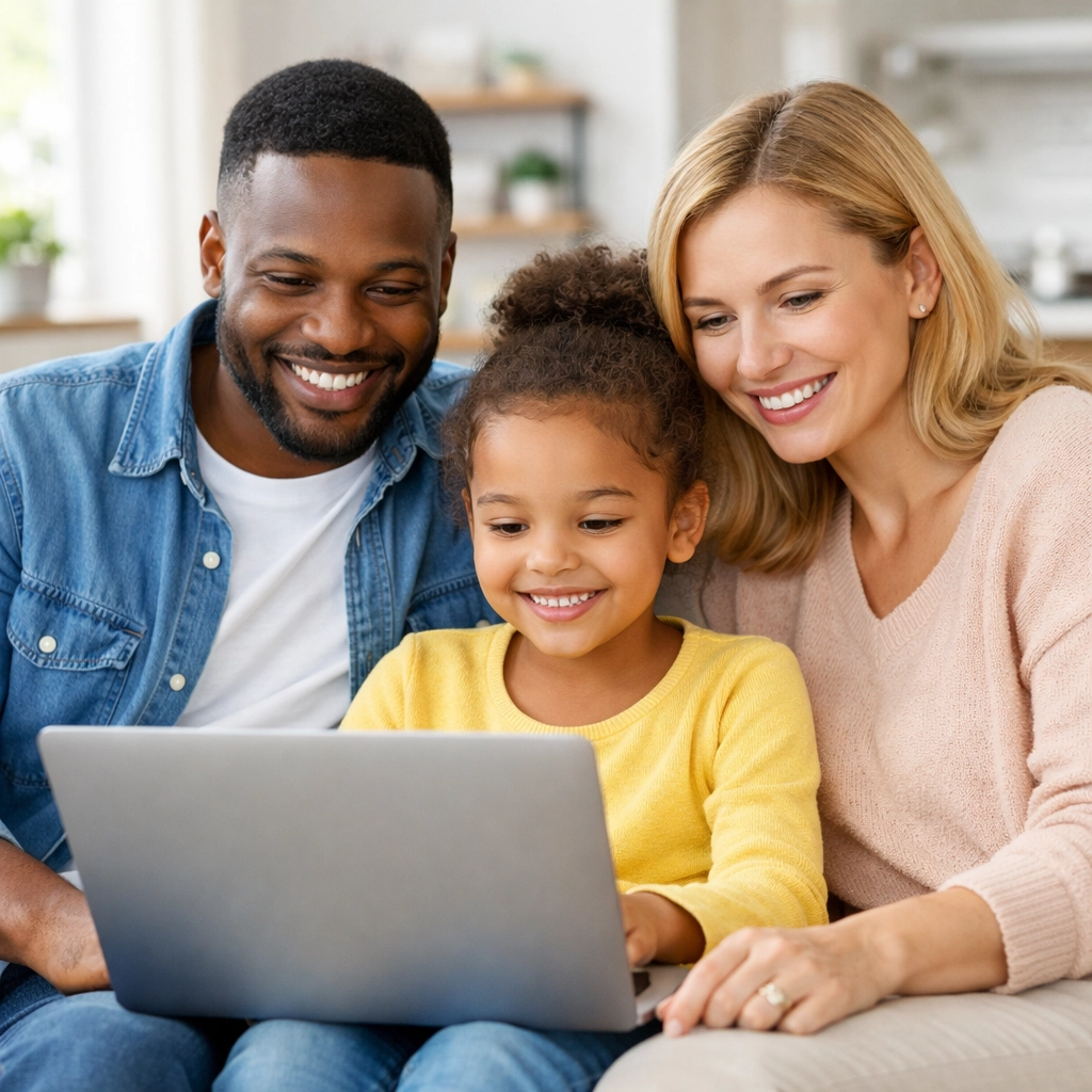 Diverse family reviewing tax credits and filing their 2026 returns on a laptop at home.