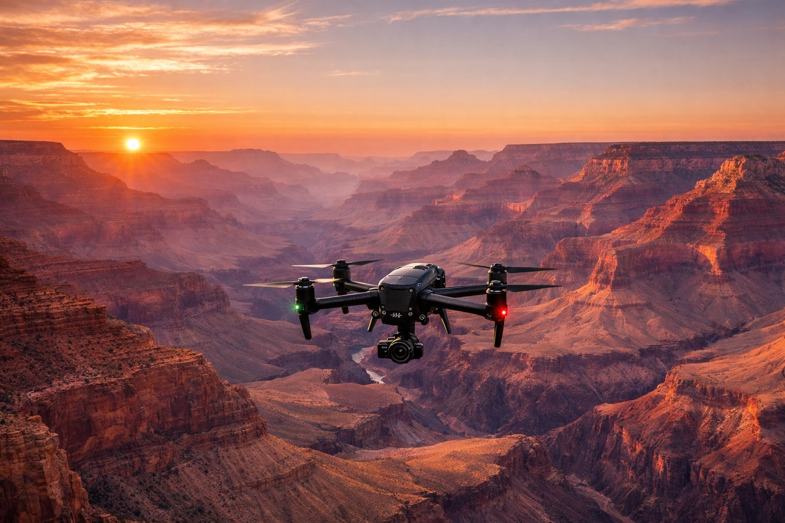 Professional drone ashes scattering over the majestic Grand Canyon at sunset for a scenic memorial.