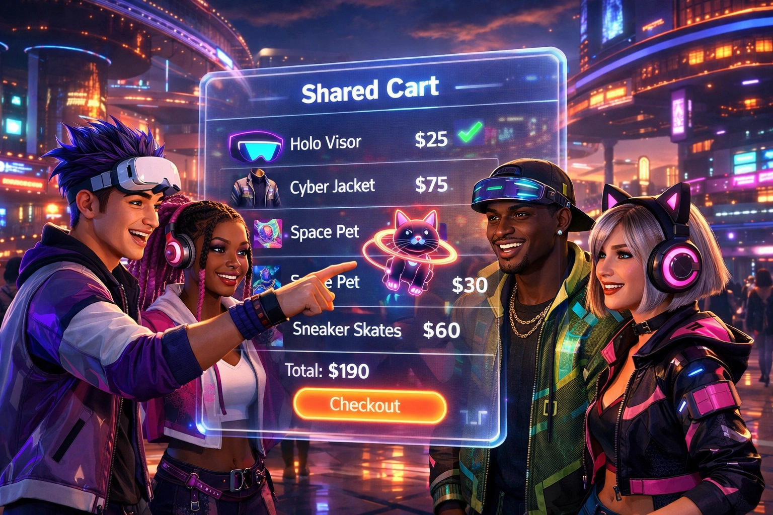 Group of avatars participating in social metaverse shopping using Larecoin.ai shared cart and Web3 payments.