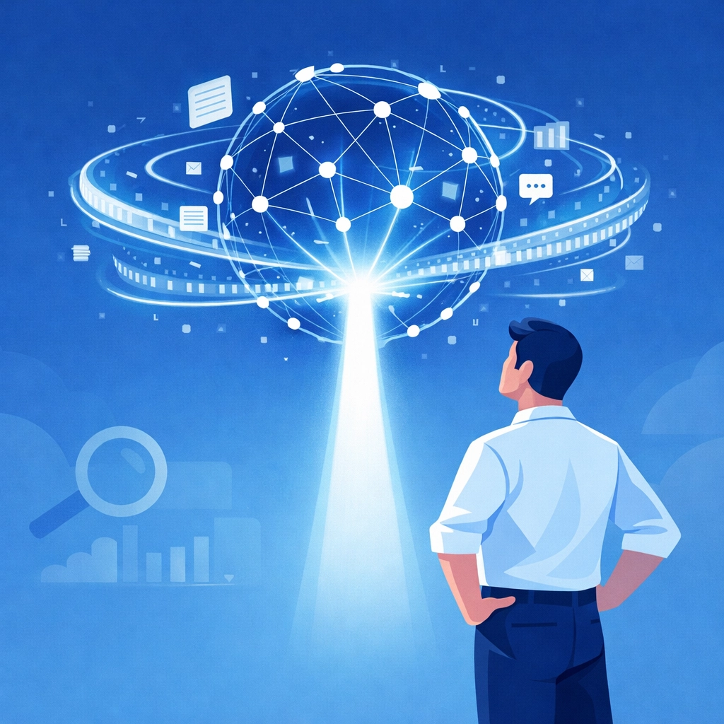 Illustration of a generative AI engine processing data for Monmouth County local search.