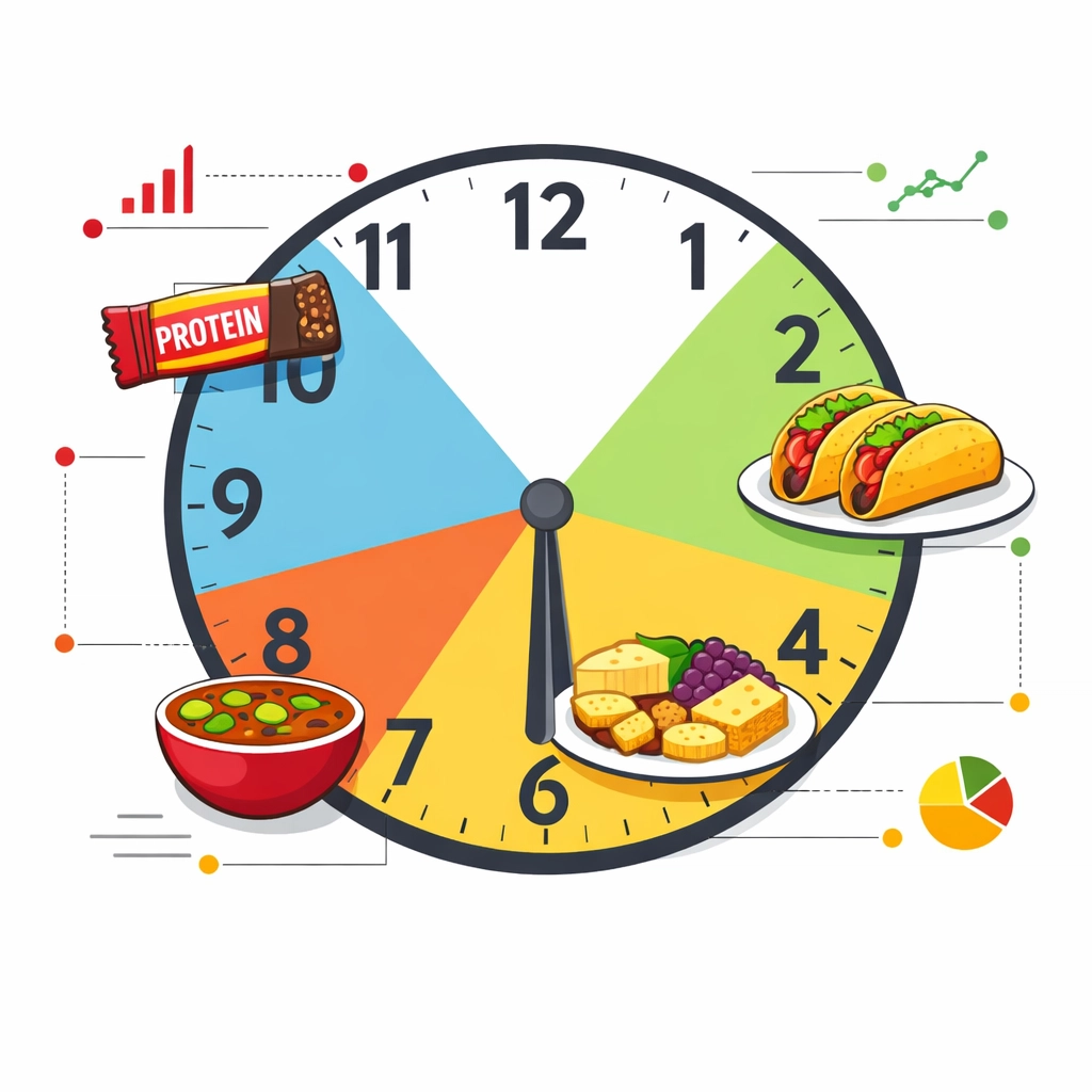 Clock showing snack economy dining pattern with food at 10 AM, 3 PM, and evening times