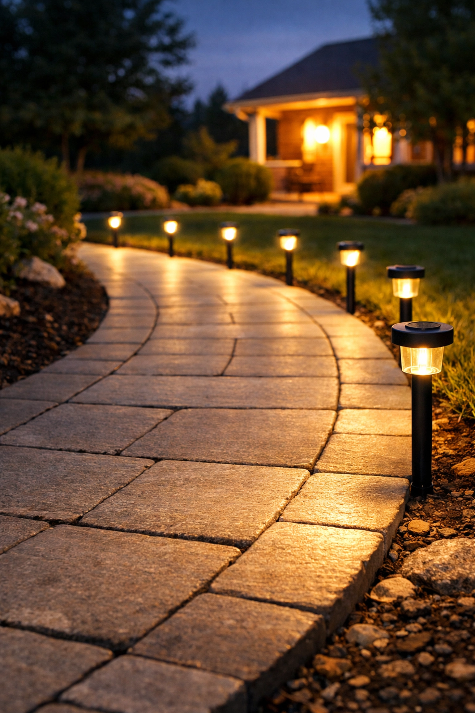 Well-lit outdoor garden pathway with solar LED stake lights to improve senior safety and visibility.