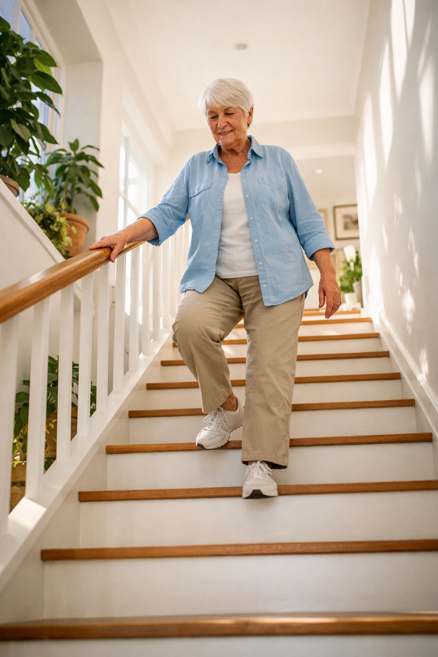 Senior adult safely descending a well-lit staircase using a continuous handrail for balance.
