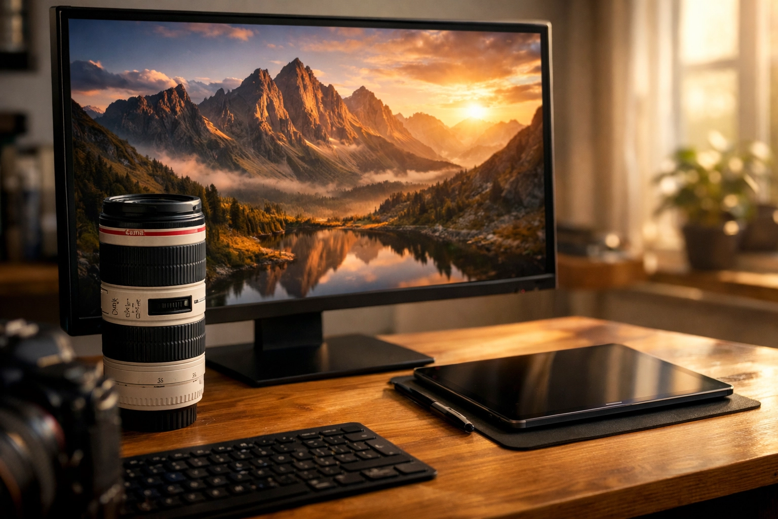 The Ultimate Guide to Proshoot.io: Everything You Need to Succeed as a Pro 2 A professional photography workstation with a high-resolution landscape portfolio and premium gear.