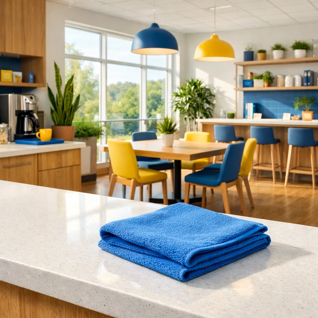 Eco-friendly commercial cleaning in a sun-lit North Andover office breakroom with healthy green plants.