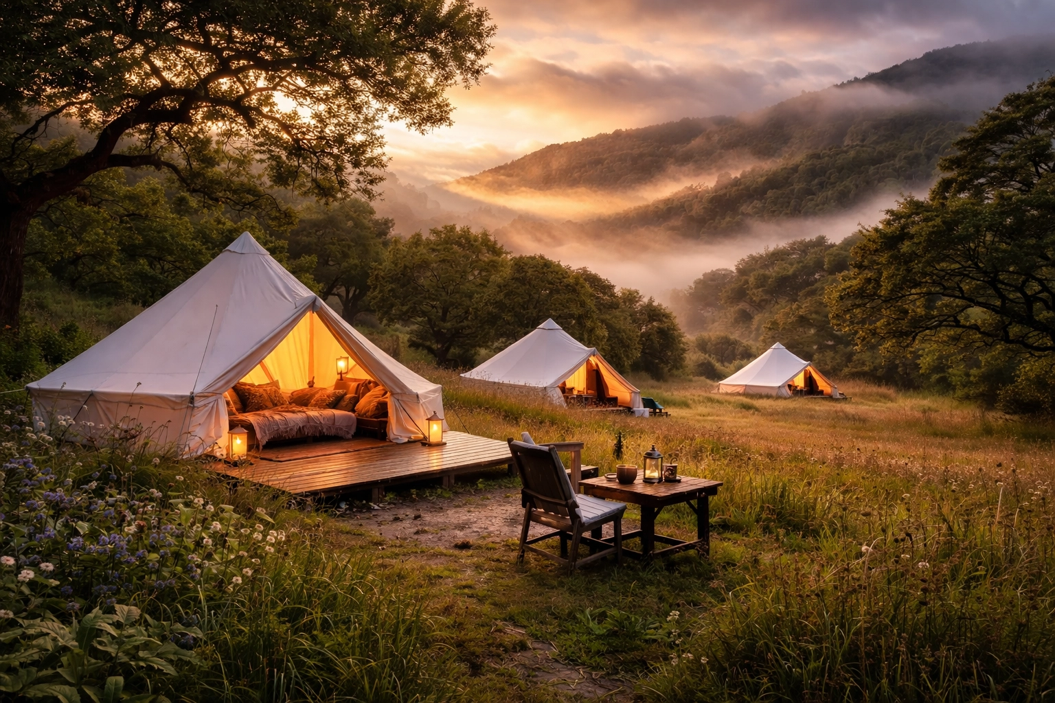 Luxury glamping tent in a Welsh valley at dawn, ideal for sustainable corporate retreats surrounded by nature.