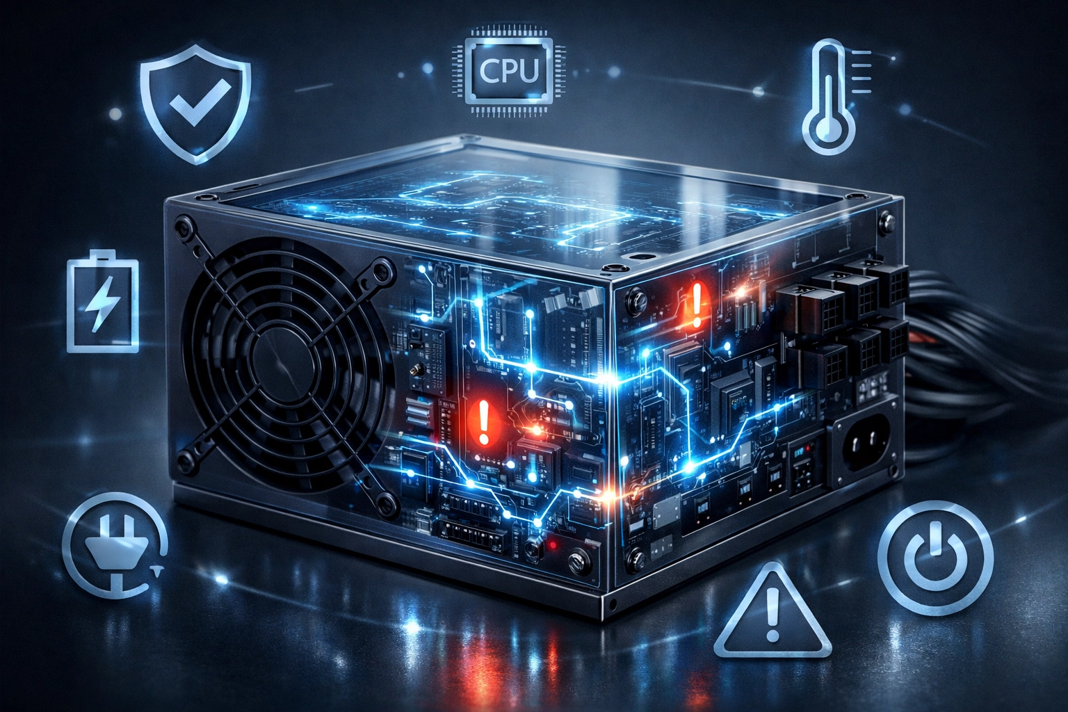 Computer power supply unit with failing components needing replacement and repair