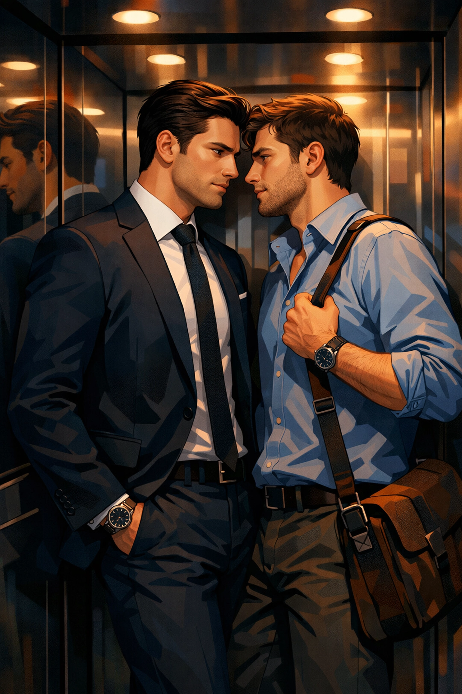 Two gay professionals in close proximity during office elevator encounter - corporate MM romance scene