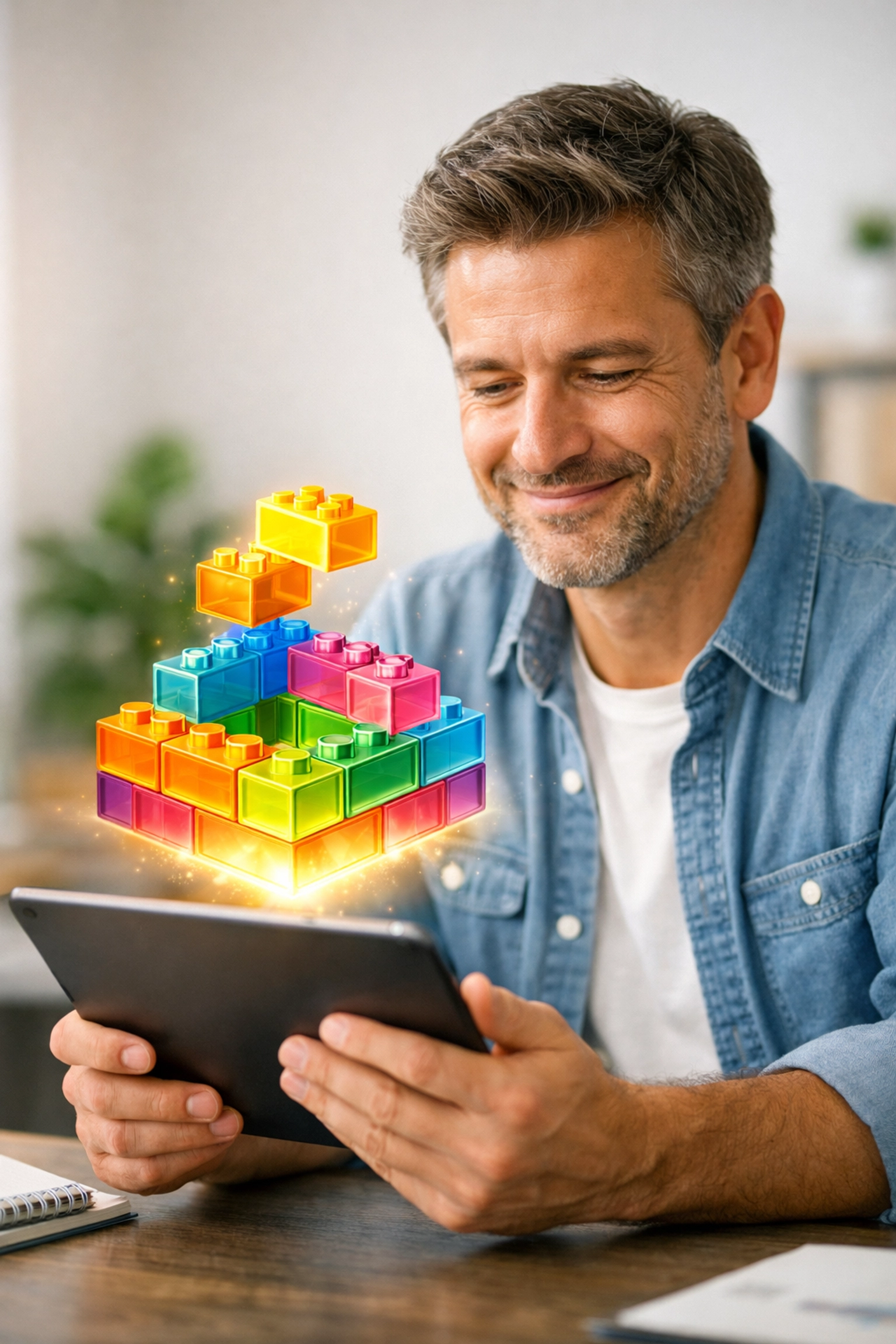 Small business owner using a tablet to manage integrated Odoo software modules for streamlined operations.