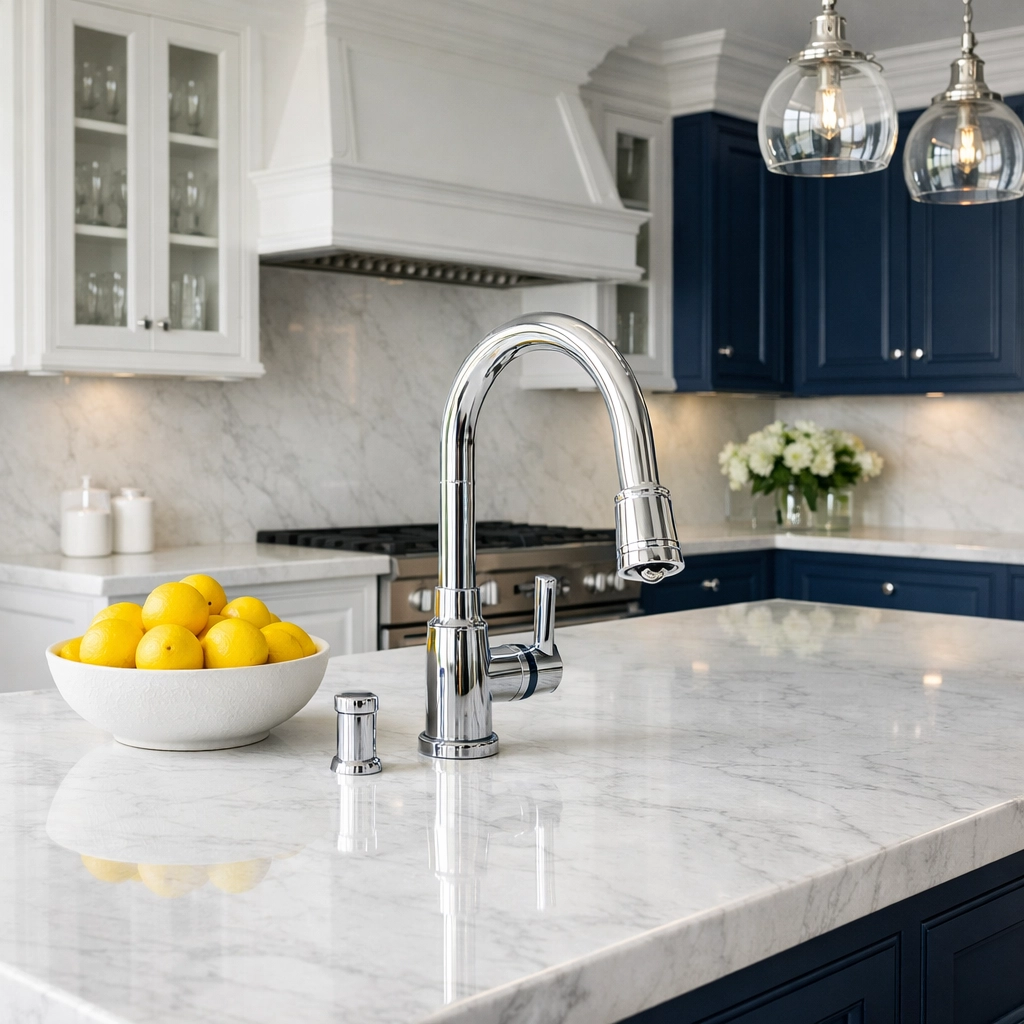 Professional deep cleaning in a Winchester MA kitchen featuring a spotless marble island and chrome faucet.