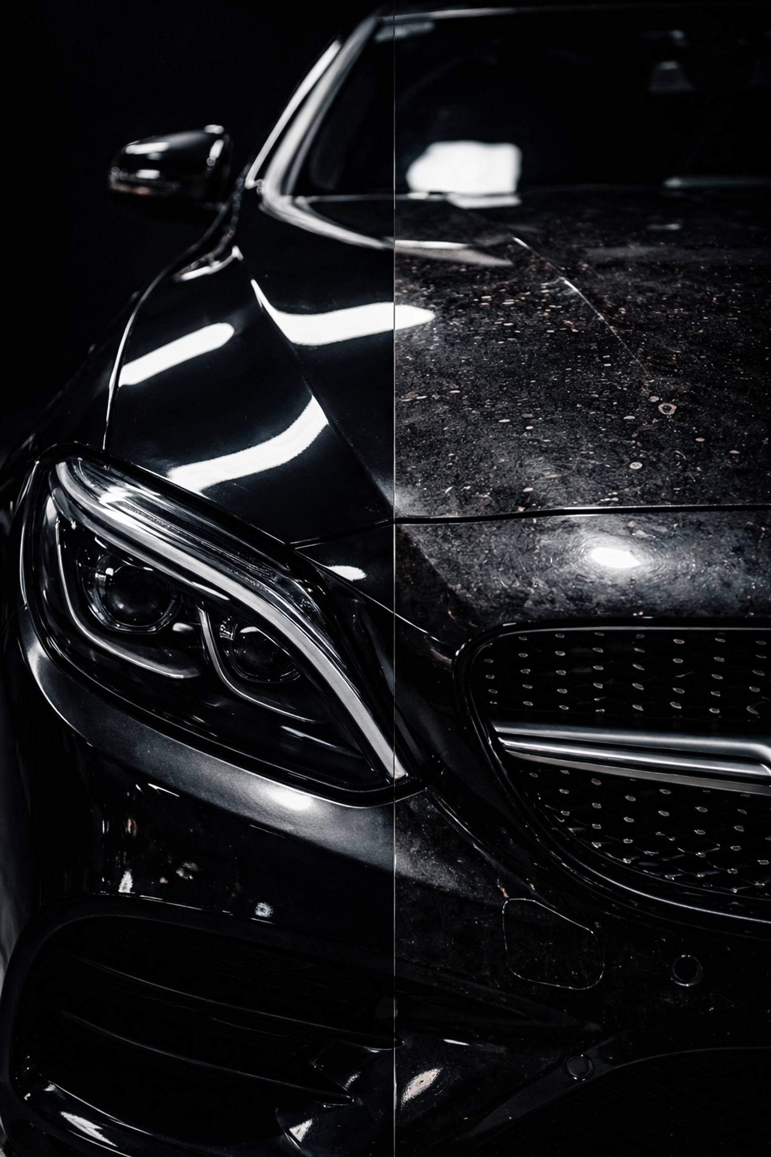 Split view of a luxury car’s hood highlighting the difference between protected and unprotected paint, emphasizing the importance of paint protection in Louisville.
