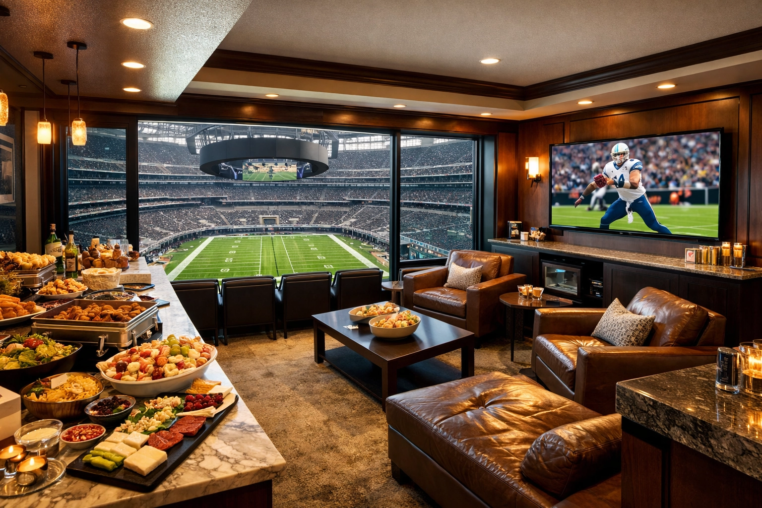 Private VIP suite with premium seating and catering for Super Bowl corporate hospitality