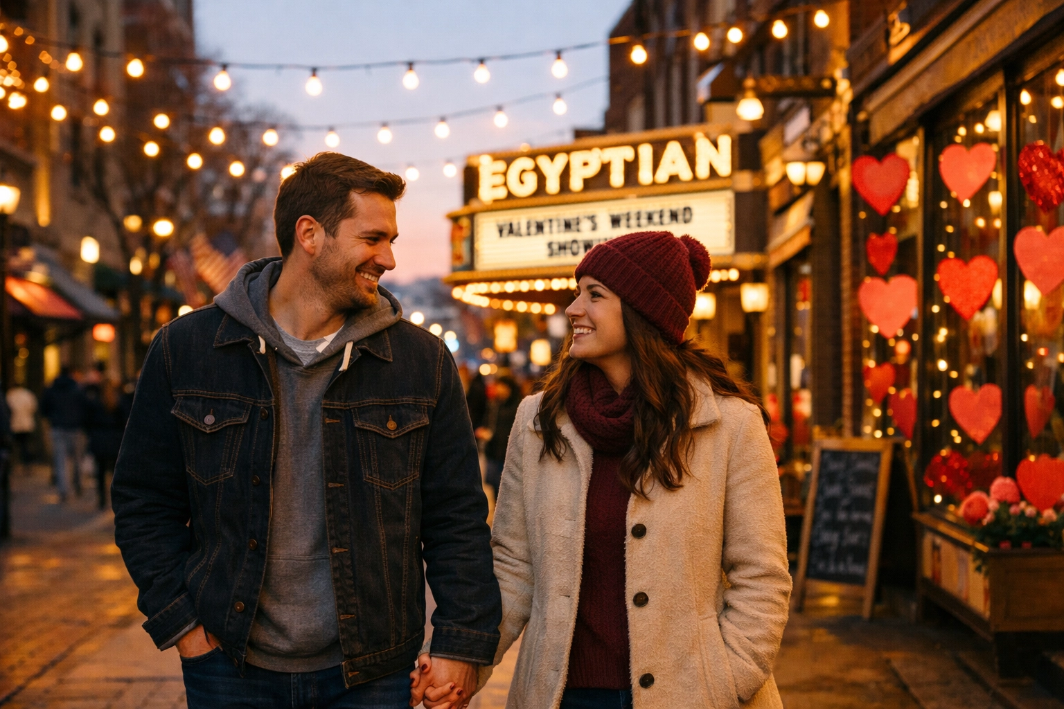 Couple enjoying downtown Boise during Valentine's weekend with historic Egyptian Theatre