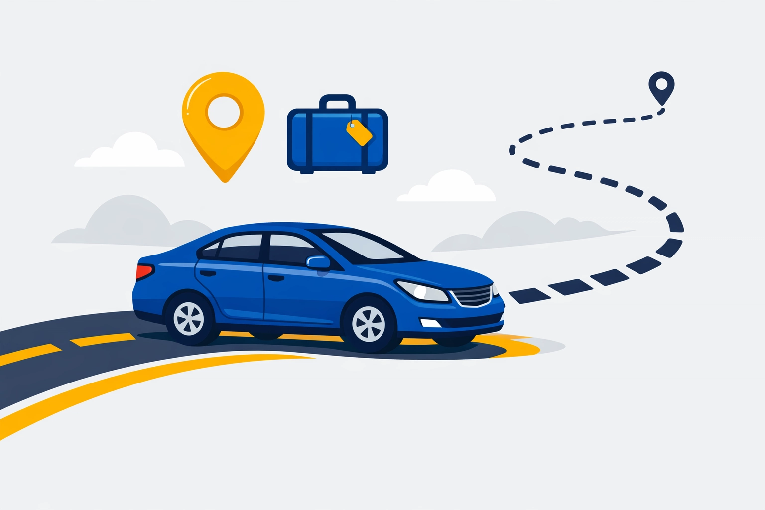 Illustration of a blue sedan and travel icons representing deductible business mileage and travel costs.