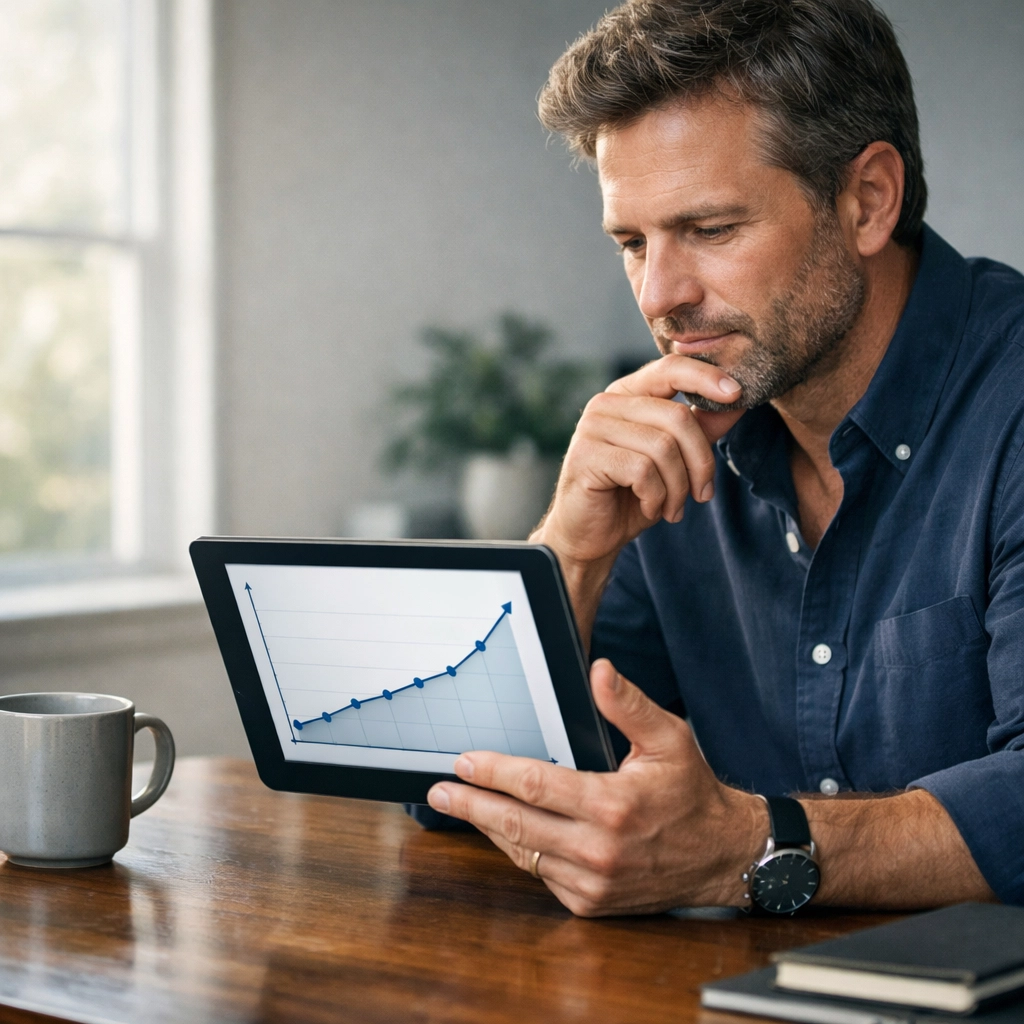 Business owner reviewing a sustainable growth chart on a tablet, illustrating realistic financial planning for funding.
