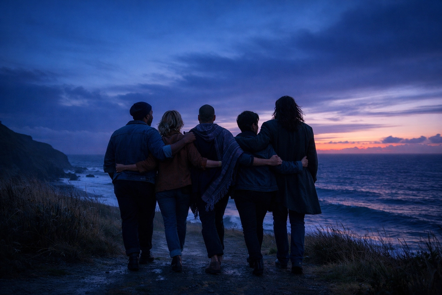 A group of queer adults walking on a coastline at dusk, celebrating the lifelong strength of a chosen family.