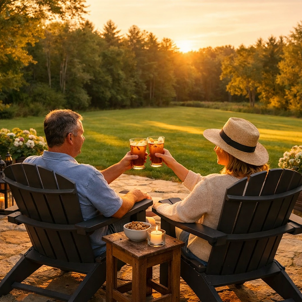 A couple relaxing on a clean patio, highlighting the free time gained from professional house cleaning.