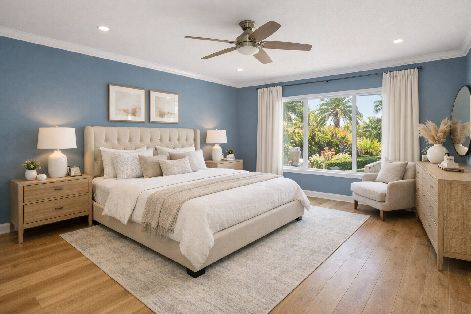 Transformed Orlando bedroom featuring slate blue interior painting and elegant light oak flooring renovation.