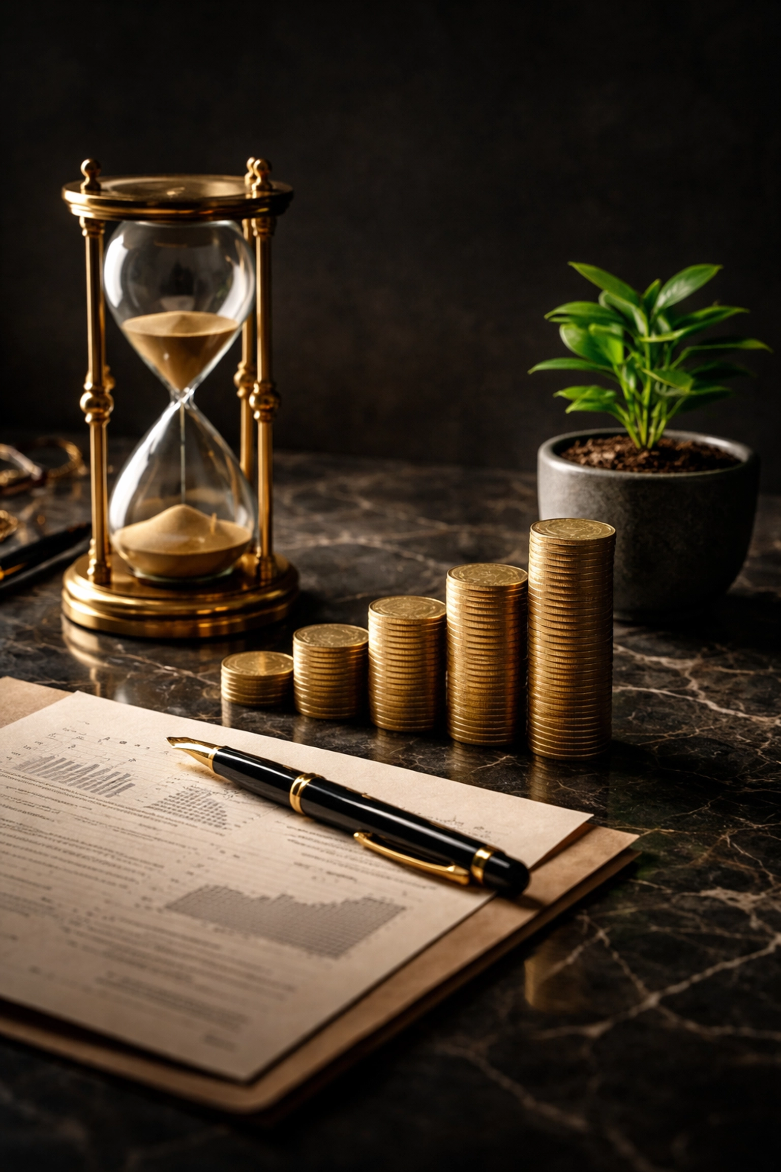 Still life of coins, hourglass, financial documents, and a plant representing smart liquidity management for investors.