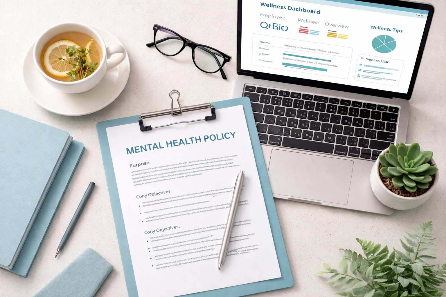 HR manager's desk with mental health policy and wellness tools for employer compliance in 2026