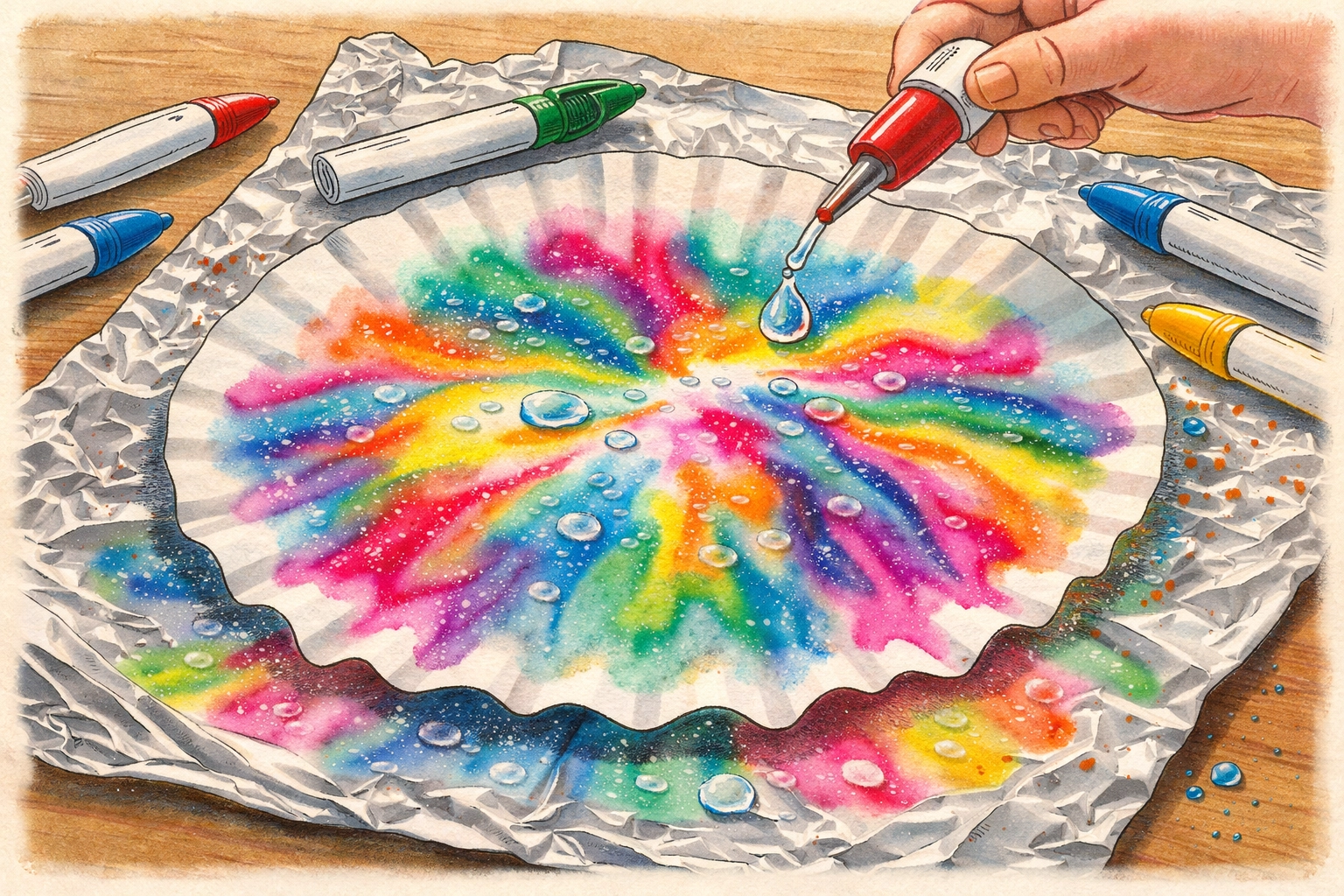 Water spreads vibrant marker colors on a coffee filter, creating tie-dye art during a snow day activity