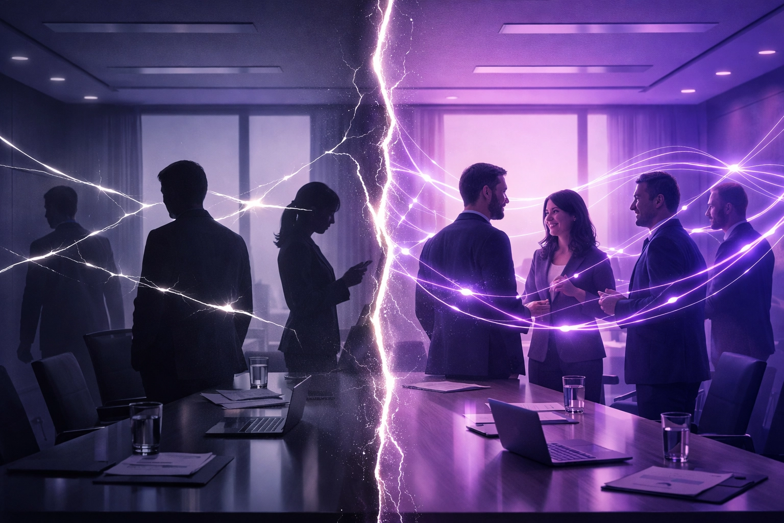 Disconnected business team vs connected team with strong communication and relationships