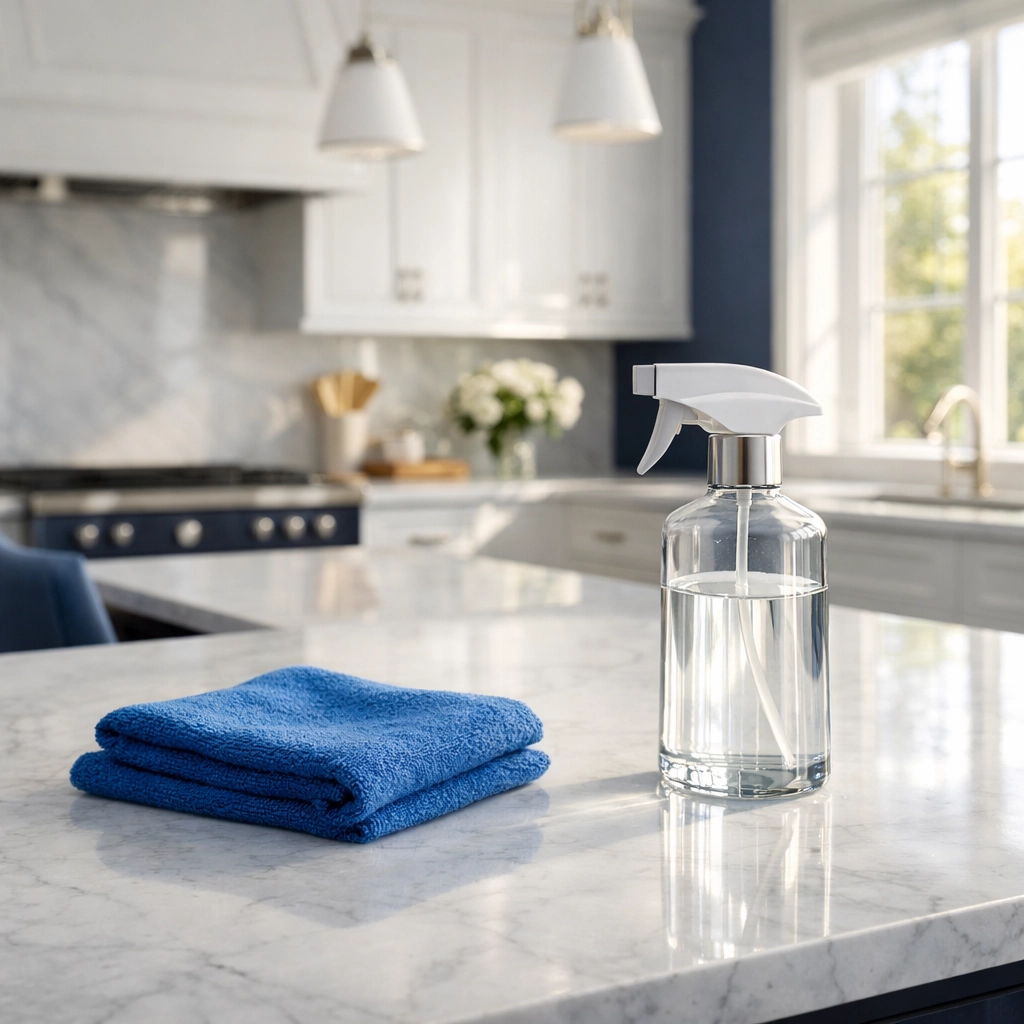 Professional deep cleaning in Wellesley MA using a microfiber cloth and spray on a luxury marble kitchen island.