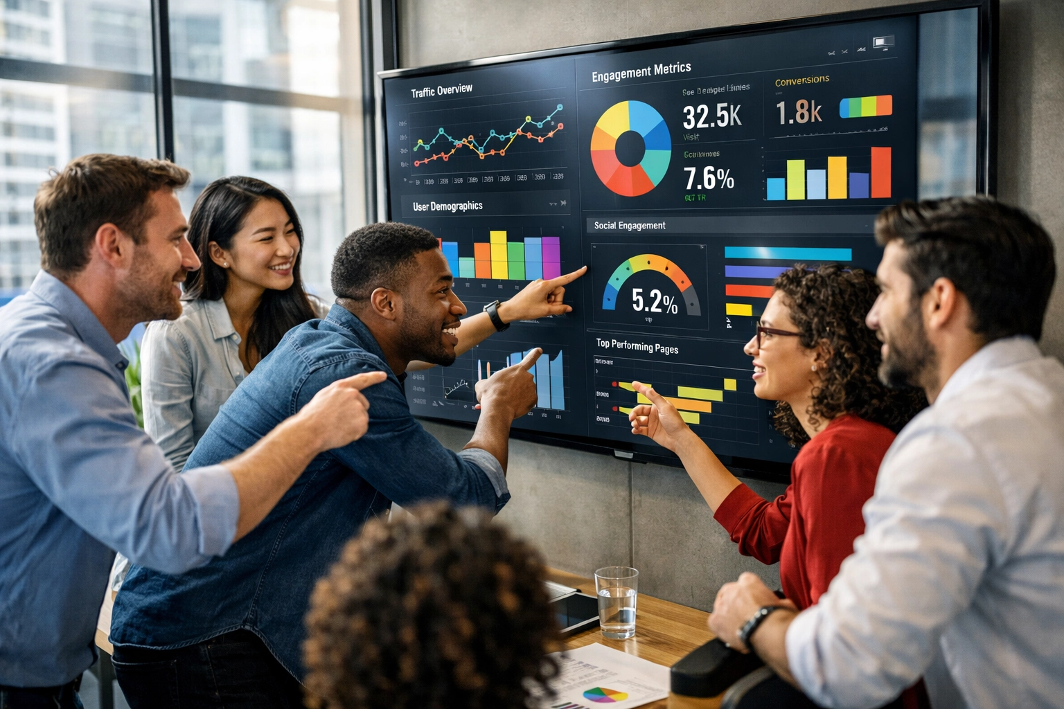 Marketing team analyzing Super Bowl campaign analytics and engagement metrics on dashboard