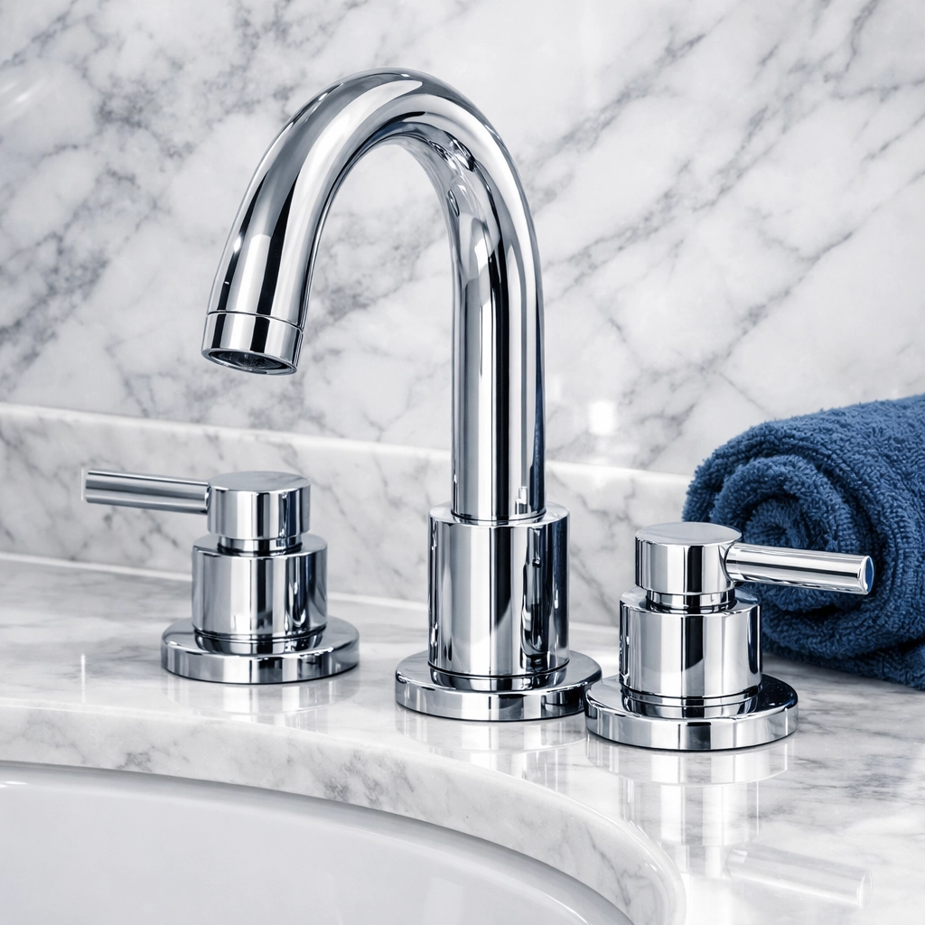 Detail of a sparkling clean bathroom faucet following an eco-friendly maid service Cambridge deep clean.