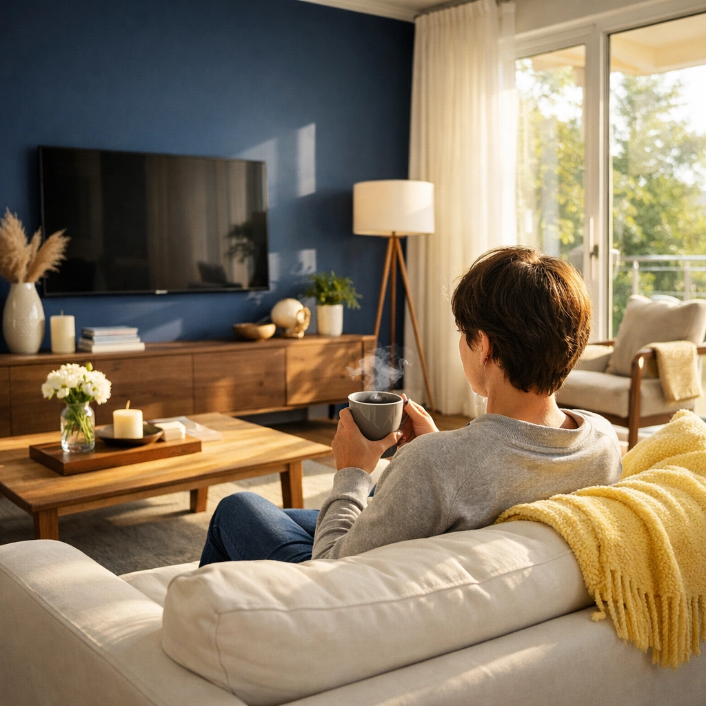 Homeowner relaxing in a clean living room after a weekly professional house cleaning service.