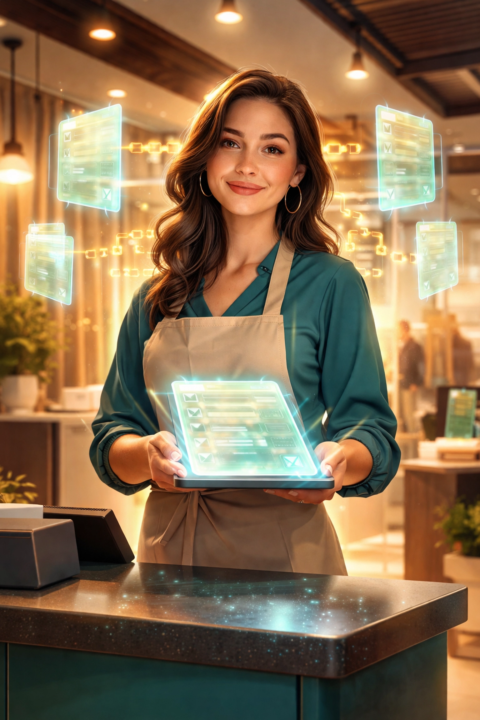 Small business owner using NFT receipts for accounting with a holographic tablet in a modern retail store.