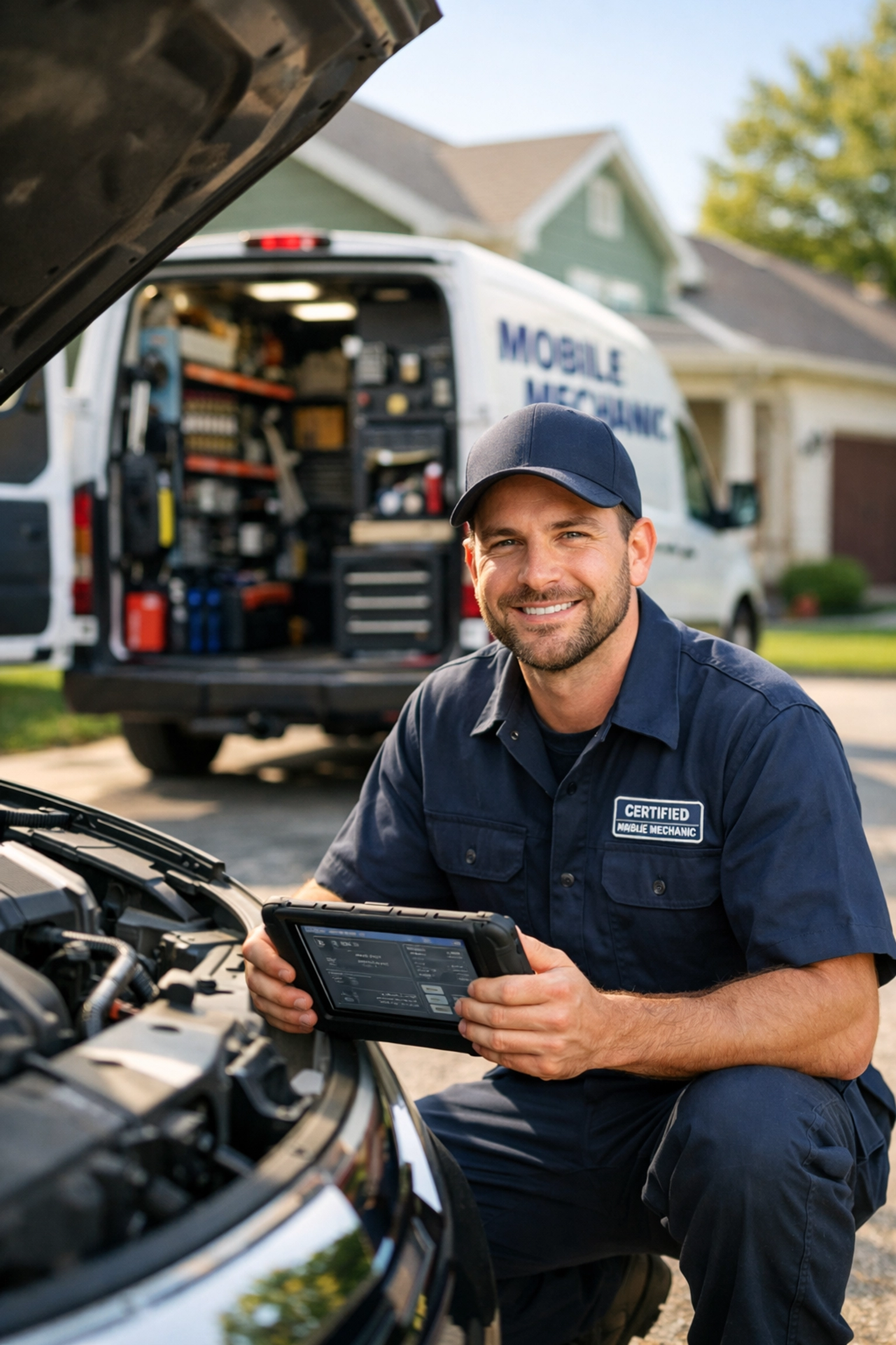 Mobile mechanic diagnosing vehicle in Green Bay residential driveway with service van