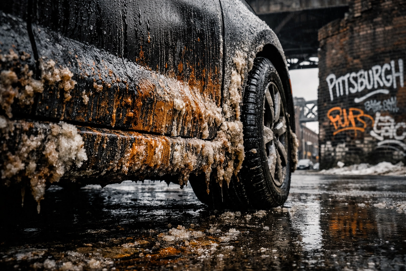 Car covered in winter road salt and grime showing why Pittsburgh vehicles need protection