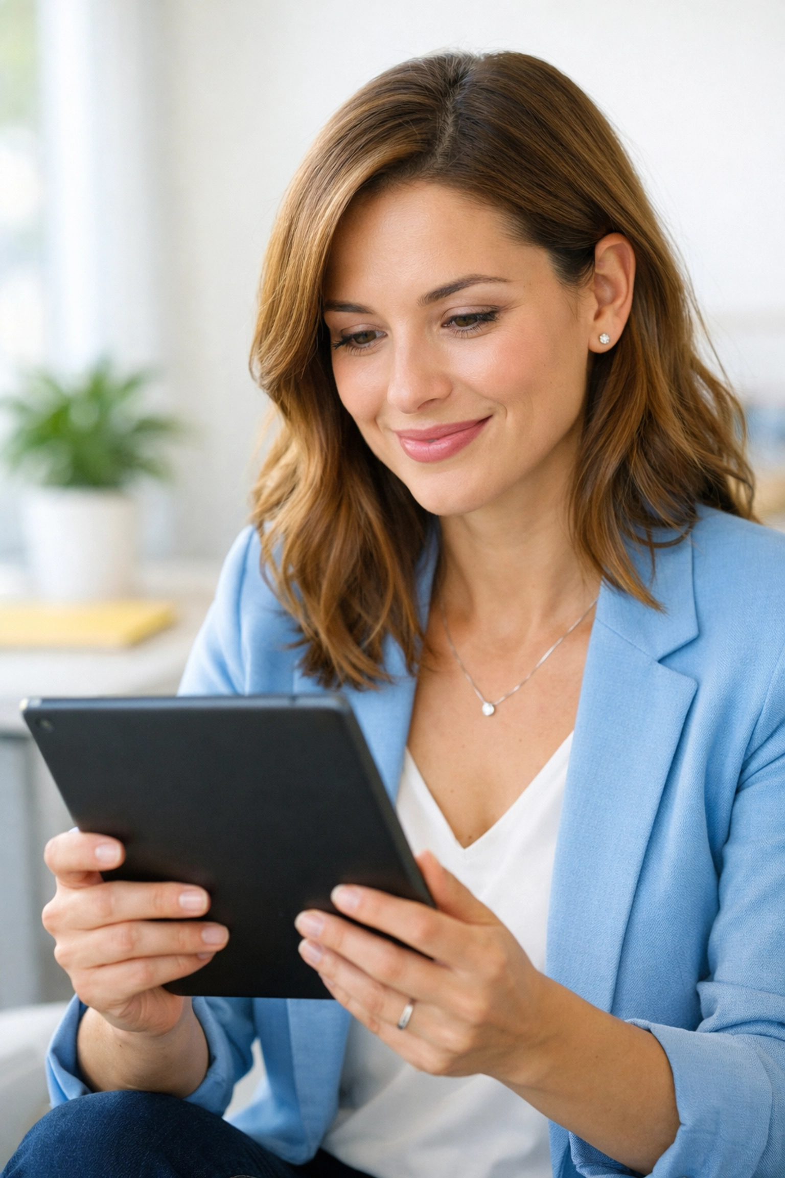 A fundraiser reviewing donor survey data on a tablet to build a donor relationship strategy.