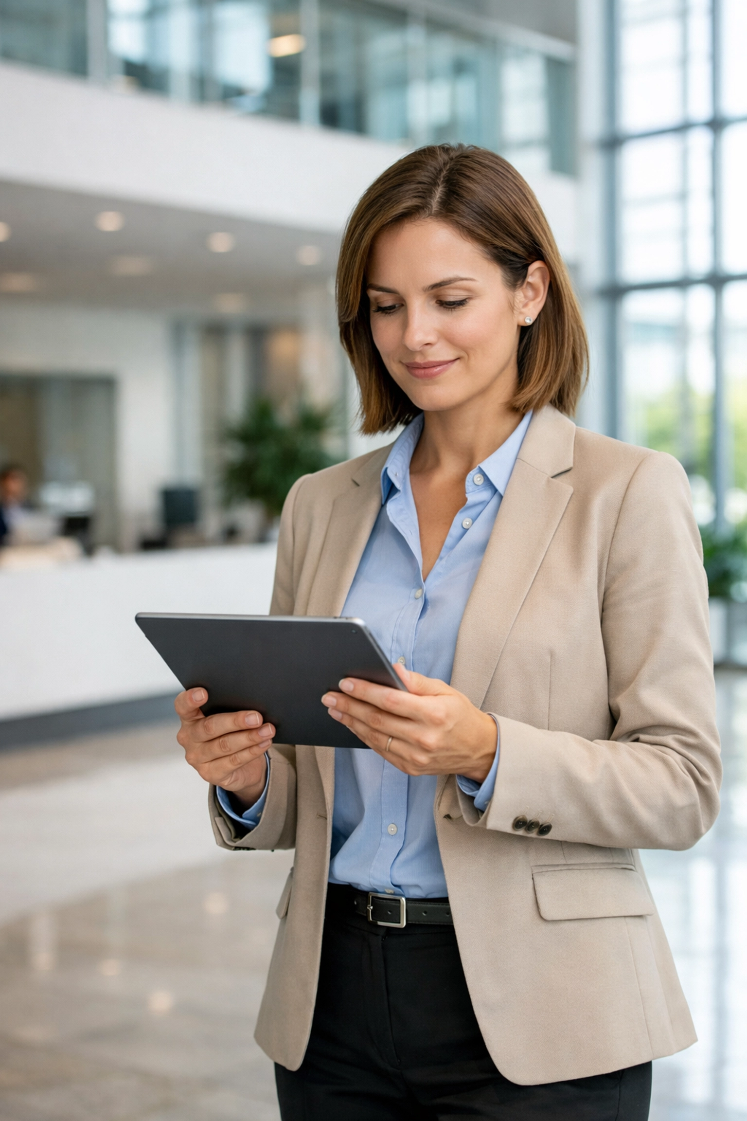 Portfolio manager managing property turnover tasks on a tablet in a modern office.
