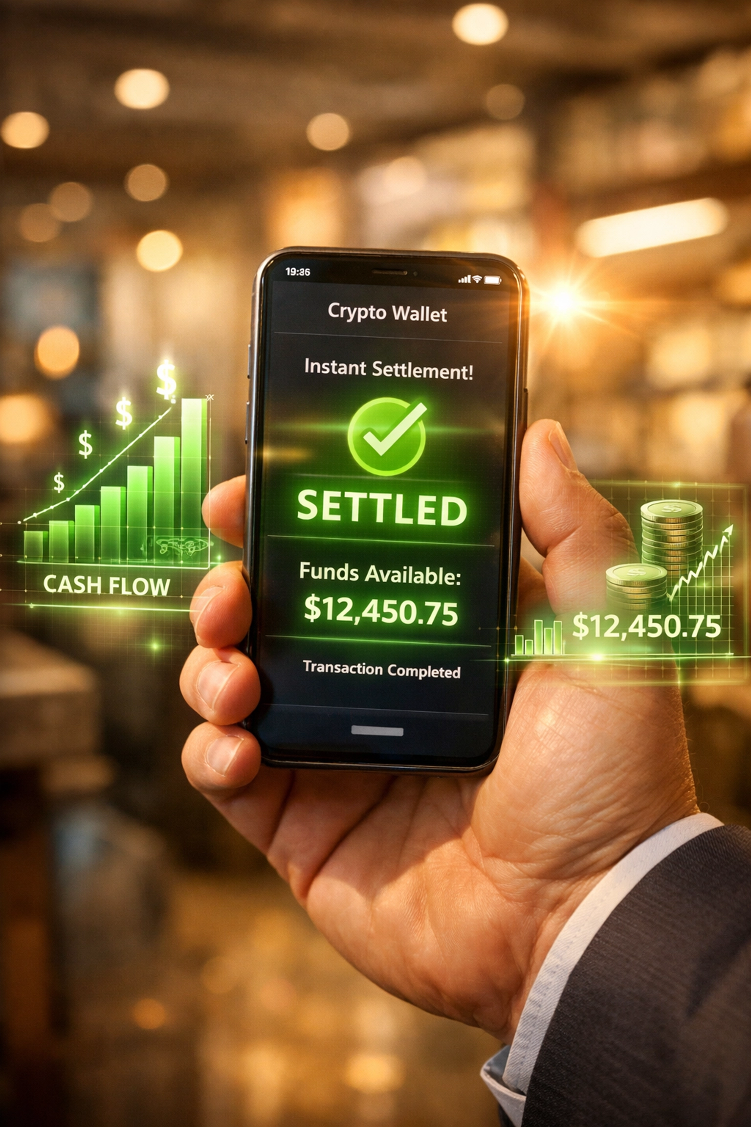 Instant crypto payment settlement notification on merchant smartphone wallet interface