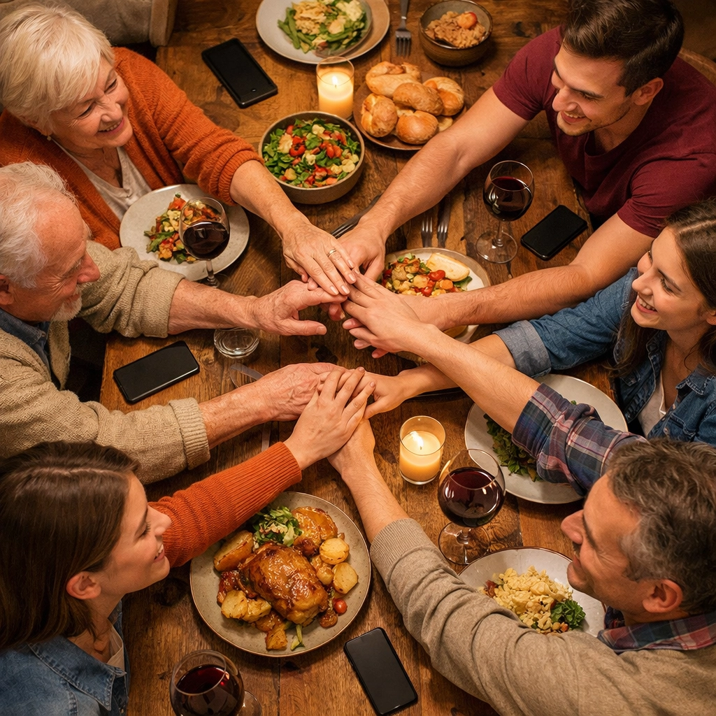 Multi-generational family gathering at dinner table choosing connection over devices