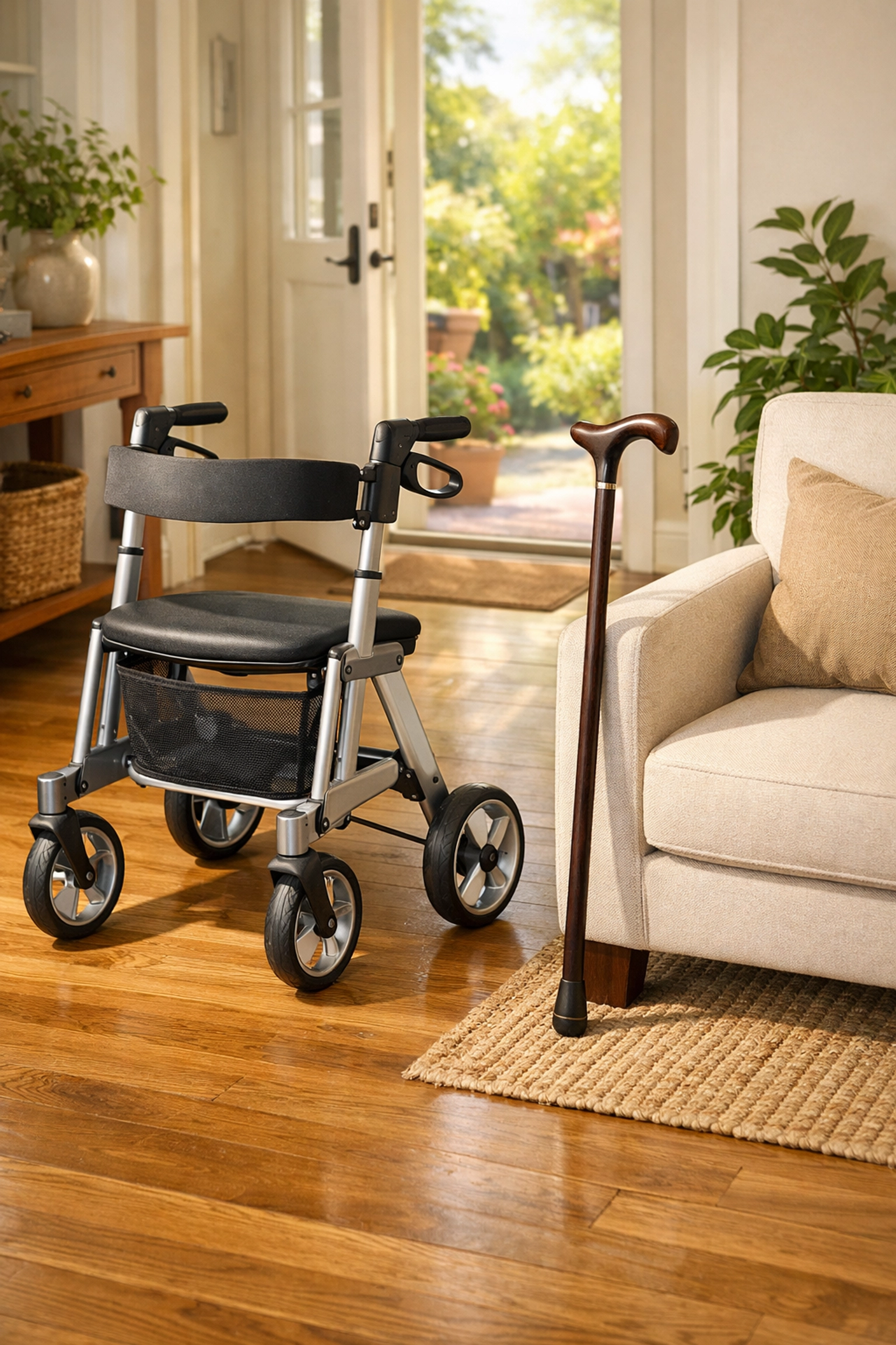 A modern silver rollator and wood cane in a sunlit home entryway, showing common mobility aids for seniors.