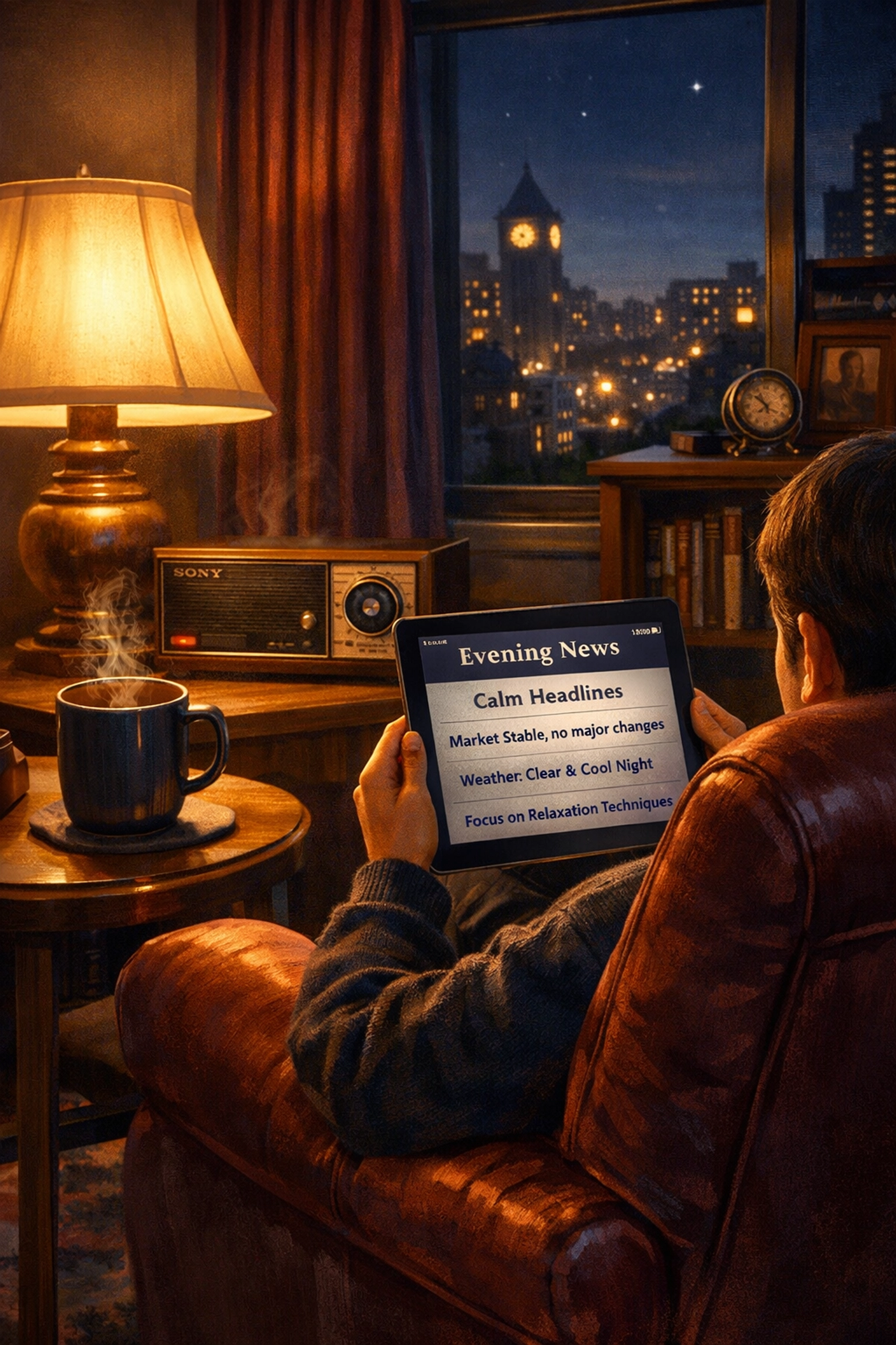Person reading Christian news digest peacefully at 10 PM with tea in cozy living room