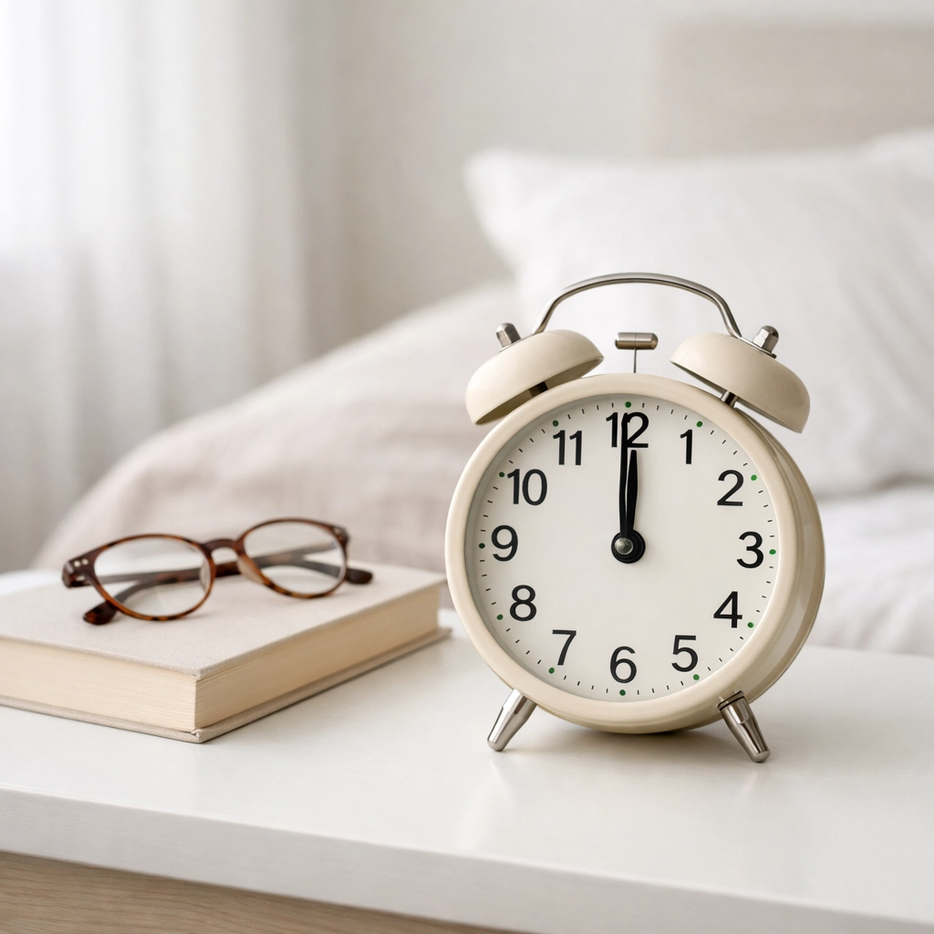 Analog clock on peaceful nightstand showing noon in phone-free bedroom sanctuary