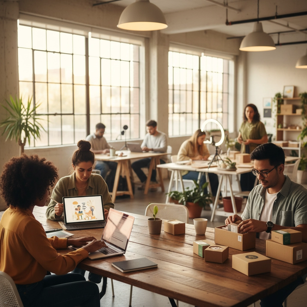 People working in a bright office. Focused on laptops and assembling boxes. Plants and large windows create a calm, productive atmosphere.