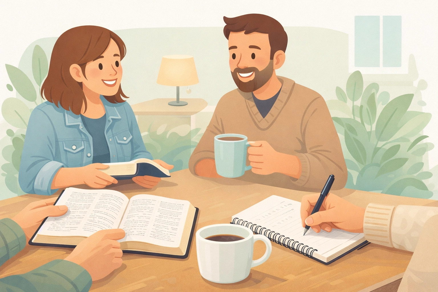 Close-up of open Bibles and coffee during a cozy small group conversation.