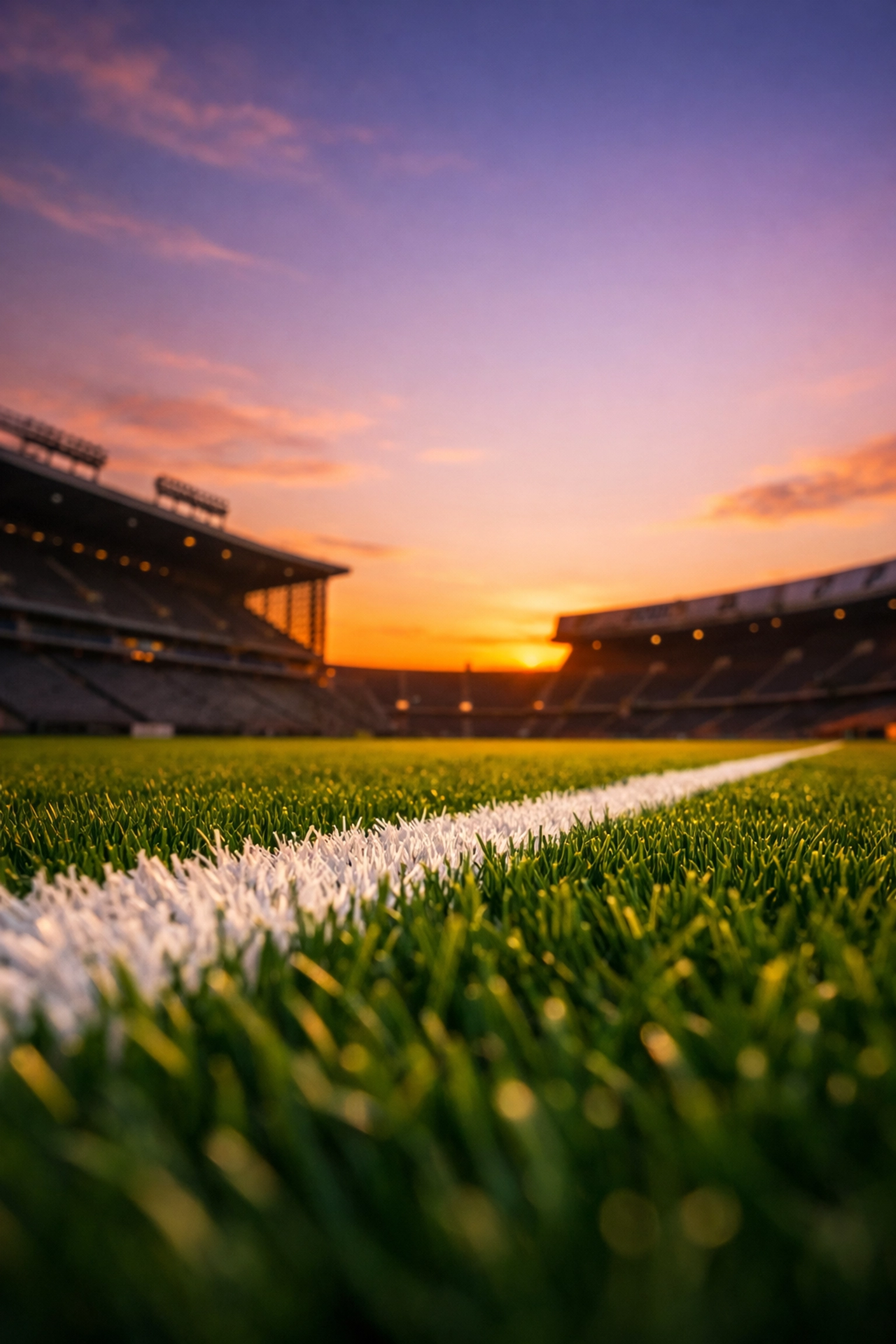 Empty football stadium pitch and stands at sunset, representing a peaceful stadium skyline memorial for fans.