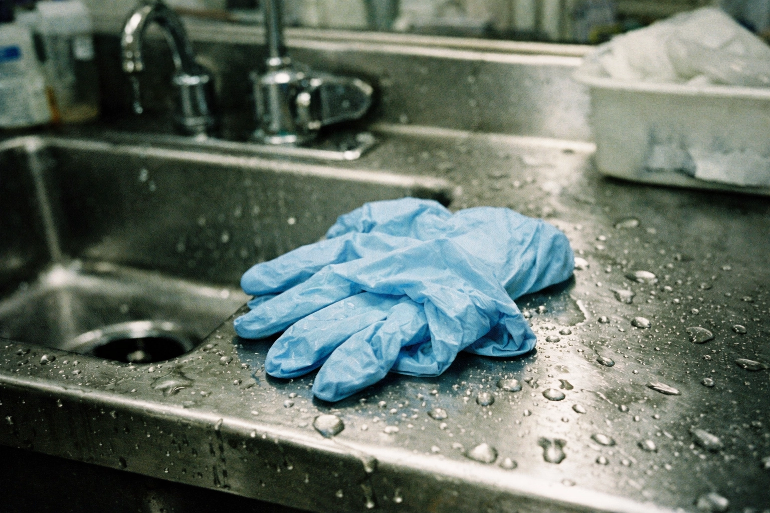 Pale blue nitrile gloves by a stainless sink in a hospital prep room—water droplets, fluorescent glare, pure procedure energy.
