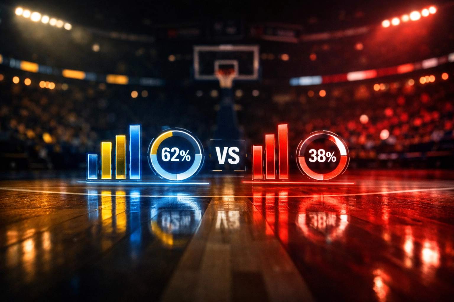 NBA court with holographic charts comparing Pelicans and Clippers statistical betting analytics.