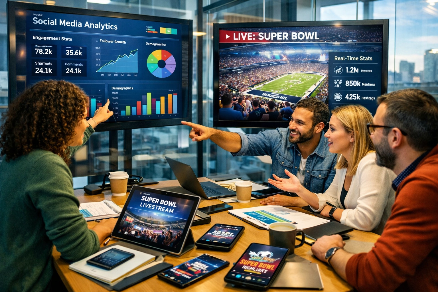 Marketing team analyzing Super Bowl social media engagement and digital campaign metrics